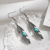 Vintage Feather Inlaid Turquoise Earrings For Women Alloy Material With Electroplating Geometric Design