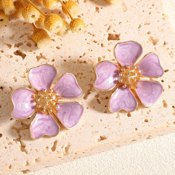 Vintage Floral Enamel Earrings With Three Dimensional Flower Design Alloy Dripping Glaze Earrings With Stainless Steel Posts For Women
