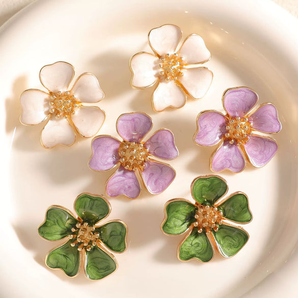 Vintage Floral Enamel Earrings With Three Dimensional Flower Design Alloy Dripping Glaze Earrings With Stainless Steel Posts For Women