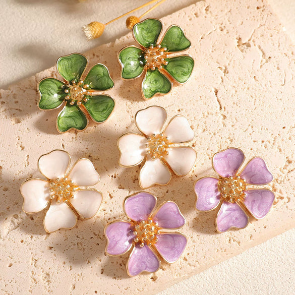 Vintage Floral Enamel Earrings With Three Dimensional Flower Design Alloy Dripping Glaze Earrings With Stainless Steel Posts For Women