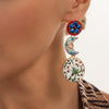Vintage Floral Gemstone Stud Earrings With Geometric Heart Pendant And Asymmetrical Painted Alloy Design