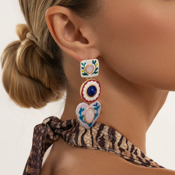 Vintage Floral Gemstone Stud Earrings With Geometric Heart Pendant And Asymmetrical Painted Alloy Design
