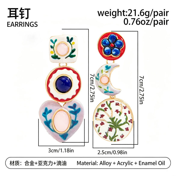 Vintage Floral Gemstone Stud Earrings With Geometric Heart Pendant And Asymmetrical Painted Alloy Design