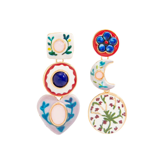 Vintage Floral Gemstone Stud Earrings With Geometric Heart Pendant And Asymmetrical Painted Alloy Design