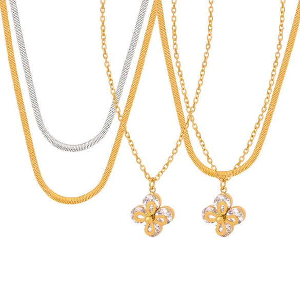 Vintage Flower Pendant Titanium Steel Gold Plated Necklace With Geometric Design For Women