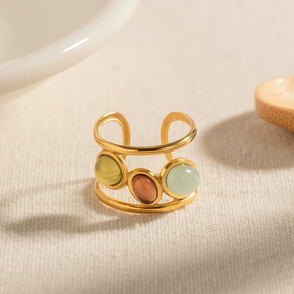 Vintage French Court Style Stainless Steel Gold Plated Geometric Open Ring With Natural Stone For Women