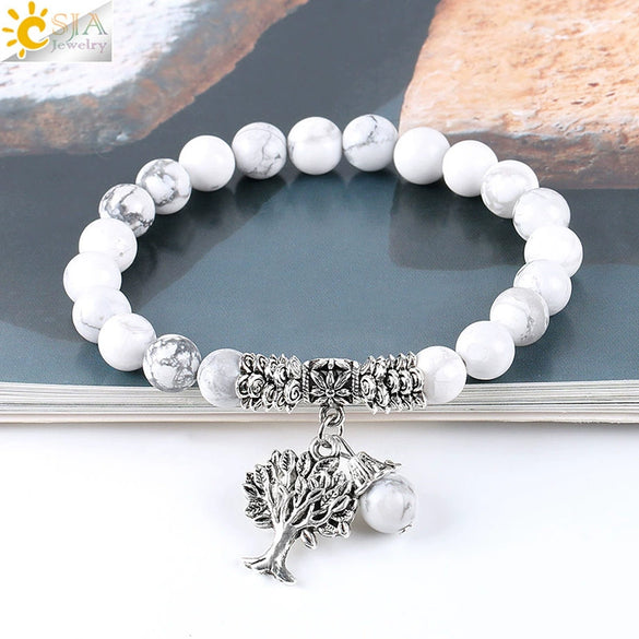 Vintage Frosted Synthetic White Turquoise Bead Bracelet With Tree Of Life Charm Electroplated Alloy Women's Jewelry
