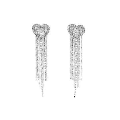 Vintage Full Diamond Hollow Heart Shaped Long Tassel Alloy Earrings Wholesale