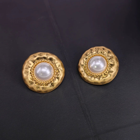 Vintage Geometric Cross Ear Clip Earrings With Round Pearl Accents Medieval Style Electroplated Alloy Jewelry For Women