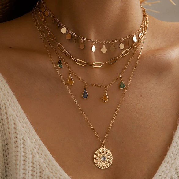 Vintage Geometric Drop Shape Alloy Disc Tassel Necklace With Rhinestone And Diamond Design