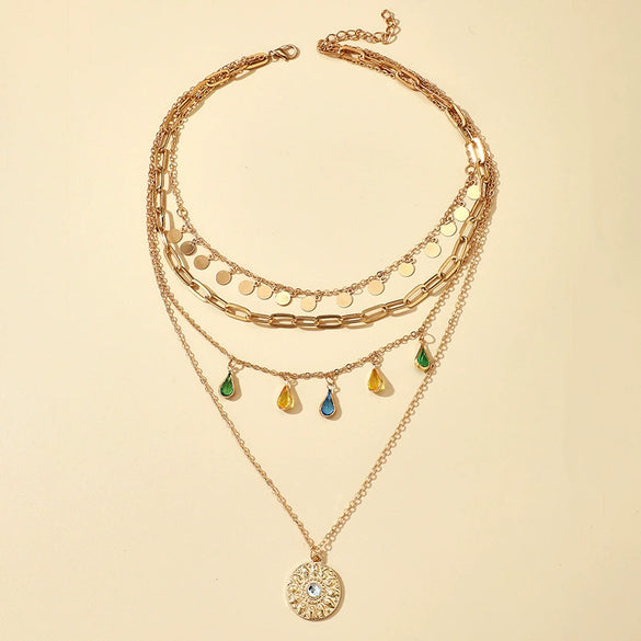 Vintage Geometric Drop Shape Alloy Disc Tassel Necklace With Rhinestone And Diamond Design
