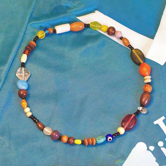Vintage Geometric Evil Eye Glass Bead Necklace With Electroplated Bead Chain For Women