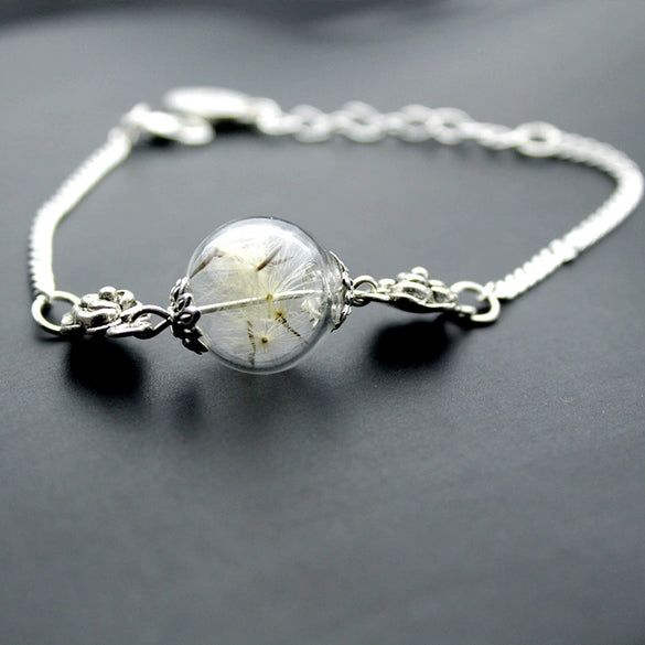 Vintage Geometric Glass And Glaze Rose Flower And Dandelion Seed Ing Ball Bracelet