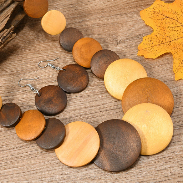 Vintage Geometric Handmade Leather And Wooden Beads Women's Pendant Necklace And Earrings Set