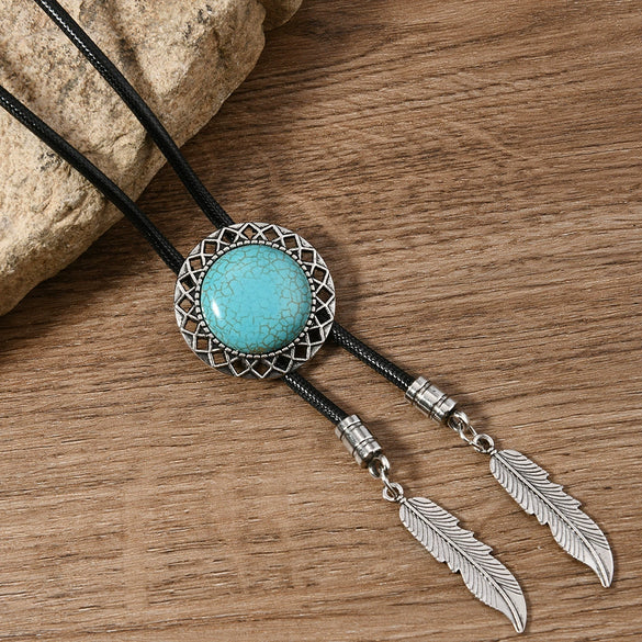 Vintage Geometric Handmade Turquoise Alloy Pendant Unisex Necklace With Regular Chain