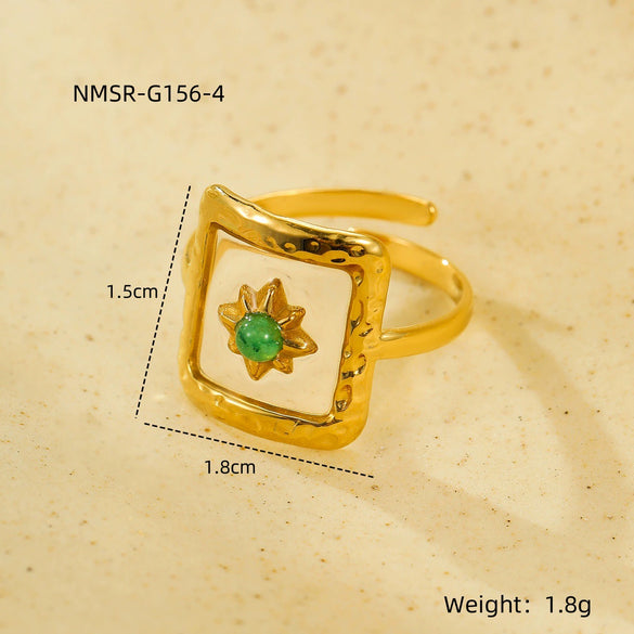 Vintage Geometric Heart Petals Natural Stone Stainless Steel Electroplated Adjustable Ring For Women