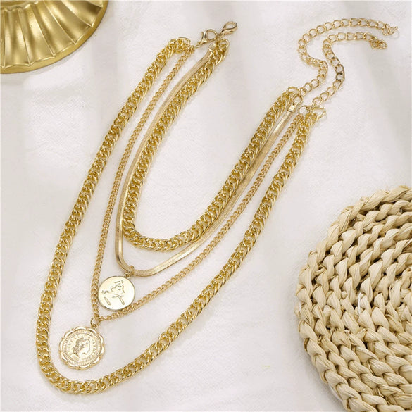 Vintage Geometric Layered Chunky Chain Necklace With Alloy Pendant And Electroplated Finish For Unisex Jewelry