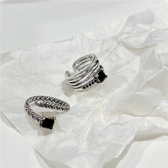 Vintage Geometric Open Ring For Women And Unisex Silver Plated Or Gold Plated Diamond Encrusted Retro Crafted Adjustable Finger Ring