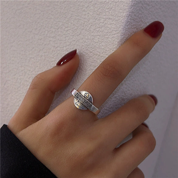 Vintage Geometric Open Ring For Women And Unisex Silver Plated Or Gold Plated Diamond Encrusted Retro Crafted Adjustable Finger Ring