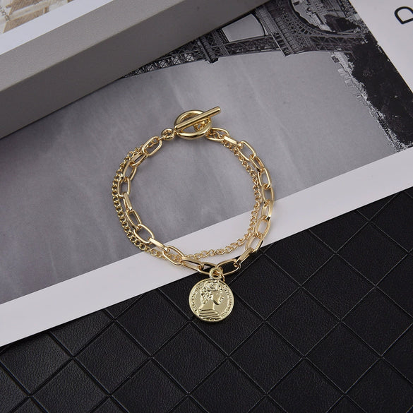 Vintage Geometric Portrait Chain Bracelet For Women And Men Alloy Electroplated Double Layer O Ring Buckle Bracelet