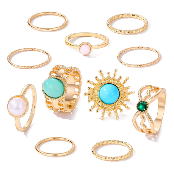 Vintage Geometric Round Turquoise Metal Ring Inlaid With Artificial Gemstones And Semiprecious Stones Gold Plated