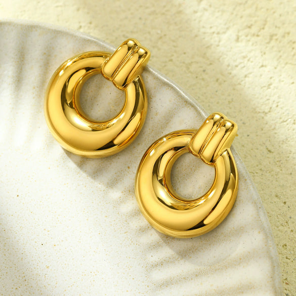 Vintage Geometric Stainless Steel 18K Gold Electroplated Earrings And Ring
