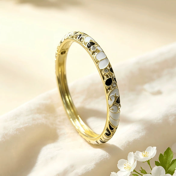 Vintage Glazed Diamondencrusted Goldplated Open Bangle Bracelet With Elegant Geometric Design