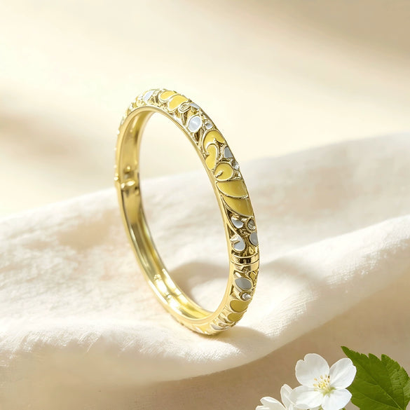 Vintage Glazed Diamondencrusted Goldplated Open Bangle Bracelet With Elegant Geometric Design