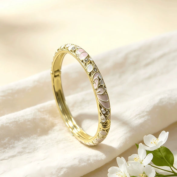 Vintage Glazed Diamondencrusted Goldplated Open Bangle Bracelet With Elegant Geometric Design