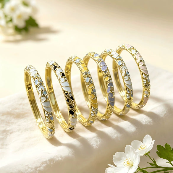 Vintage Glazed Diamondencrusted Goldplated Open Bangle Bracelet With Elegant Geometric Design
