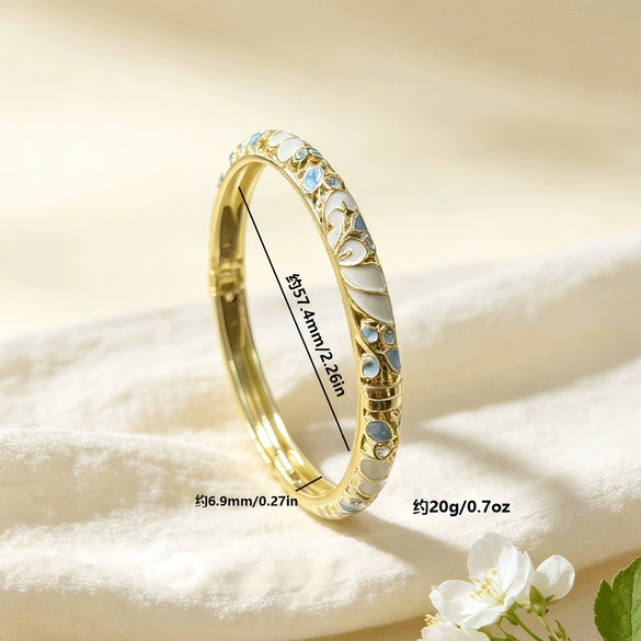 Vintage Glazed Diamondencrusted Goldplated Open Bangle Bracelet With Elegant Geometric Design