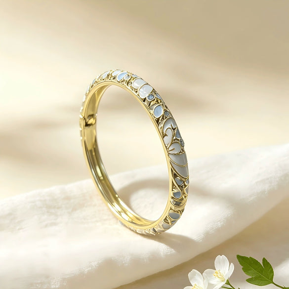 Vintage Glazed Diamondencrusted Goldplated Open Bangle Bracelet With Elegant Geometric Design
