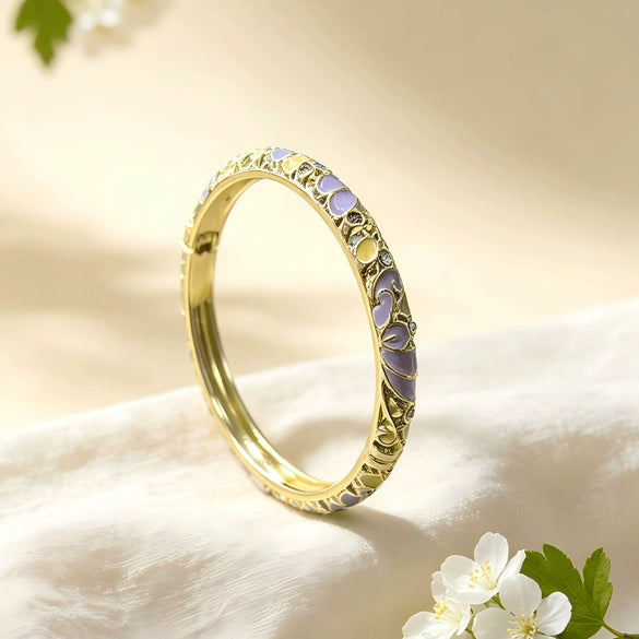 Vintage Glazed Diamondencrusted Goldplated Open Bangle Bracelet With Elegant Geometric Design