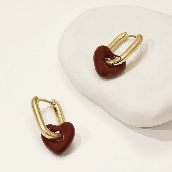 Vintage Gold Plated Copper Red Heart Geometric Dangle Hoop Earrings Fashion Punk Style For Women