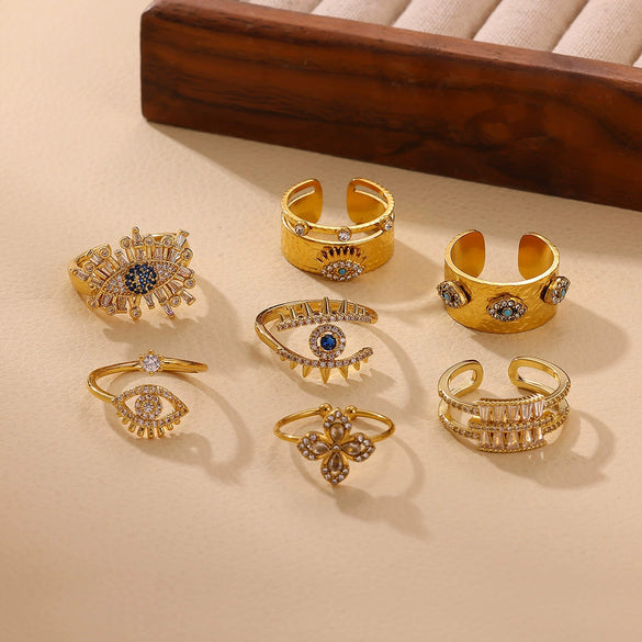 Vintage Gold Plated Enamel Devil's Eye Zircon Open Ring Adjustable Exaggerated Retro Unisex Statement Finger Jewelry