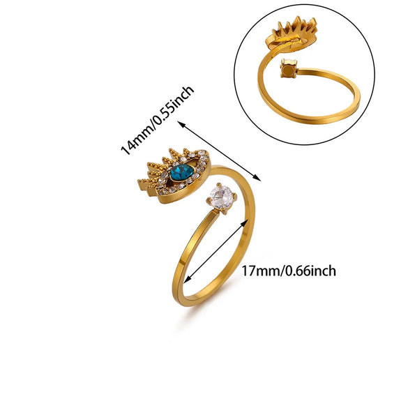 Vintage Gold Plated Enamel Devil's Eye Zircon Open Ring Adjustable Exaggerated Retro Unisex Statement Finger Jewelry