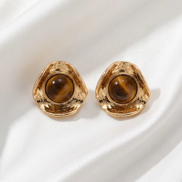 Vintage Gold Tone Plated Alloy Leaf Stud Earrings For Women With Stainless Steel Posts Distressed Geometric Luxury Style Wholesale