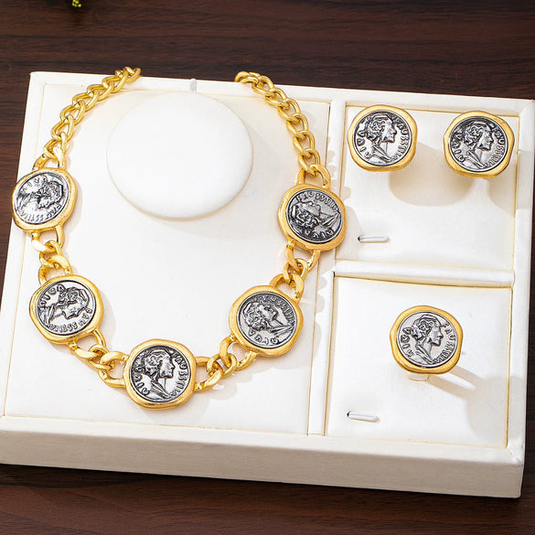 Vintage Goldtone Geometric Coin Jewelry Set With Electroplated Alloy Necklace Earrings And Bracelet For Women