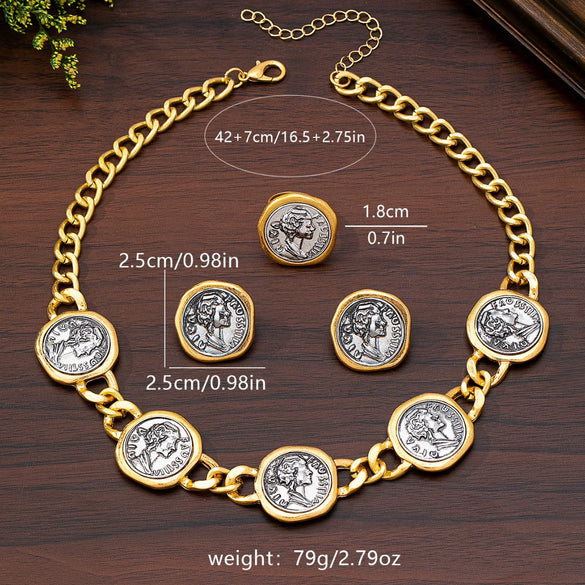 Vintage Goldtone Geometric Coin Jewelry Set With Electroplated Alloy Necklace Earrings And Bracelet For Women