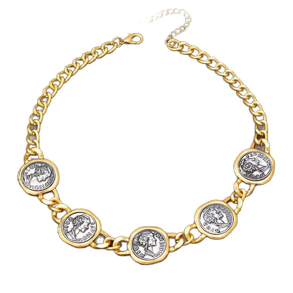 Vintage Goldtone Geometric Coin Jewelry Set With Electroplated Alloy Necklace Earrings And Bracelet For Women