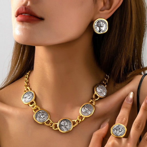 Vintage Goldtone Geometric Coin Jewelry Set With Electroplated Alloy Necklace Earrings And Bracelet For Women