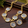 Vintage Goldtone Geometric Coin Jewelry Set With Electroplated Alloy Necklace Earrings And Bracelet For Women
