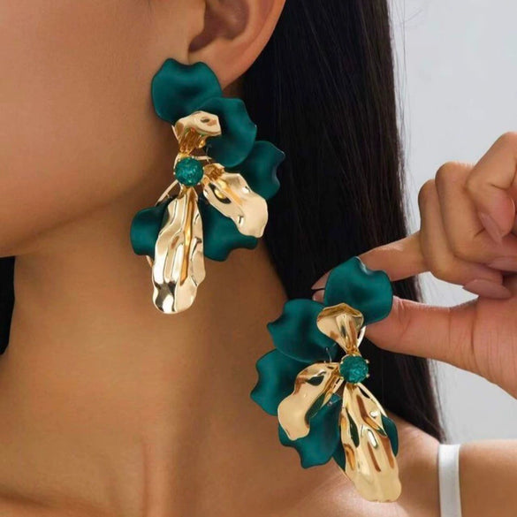 Vintage Greentoned Floral Earrings With Geometric Metal Bows And Iridescent Zircon Embellishments Electroplated Acrylic Statement Jewelry