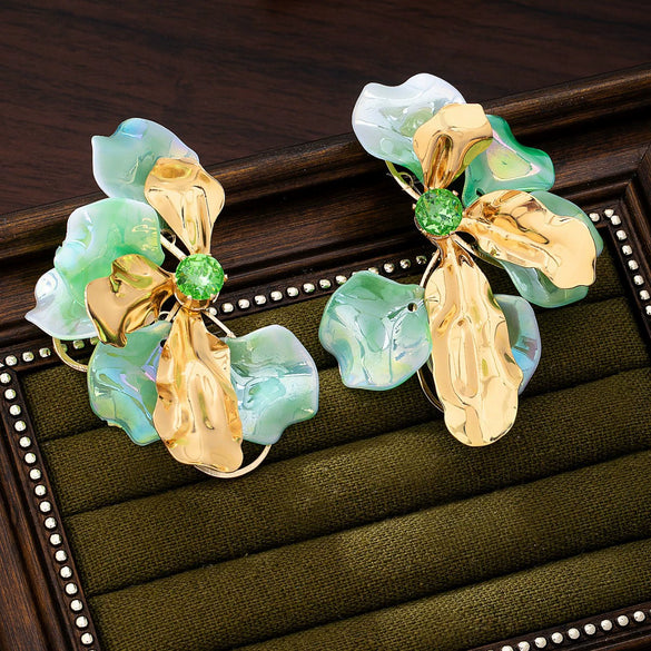 Vintage Greentoned Floral Earrings With Geometric Metal Bows And Iridescent Zircon Embellishments Electroplated Acrylic Statement Jewelry
