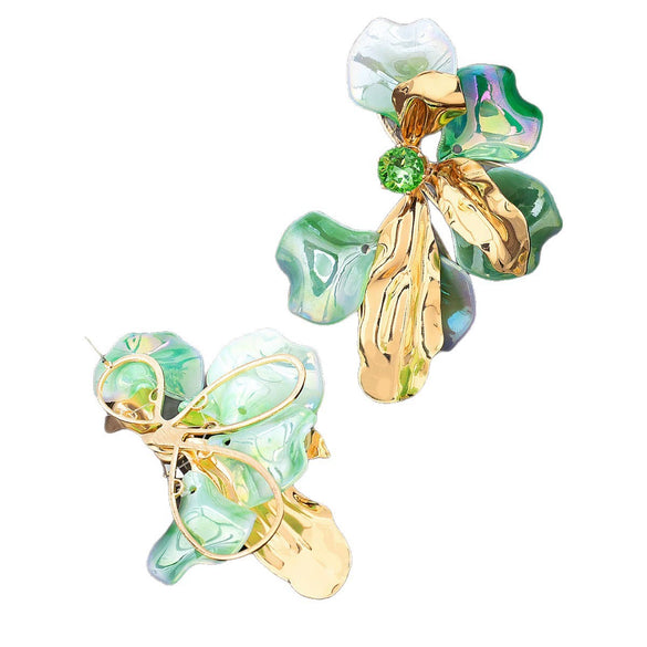 Vintage Greentoned Floral Earrings With Geometric Metal Bows And Iridescent Zircon Embellishments Electroplated Acrylic Statement Jewelry