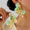 Vintage Greentoned Floral Earrings With Geometric Metal Bows And Iridescent Zircon Embellishments Electroplated Acrylic Statement Jewelry