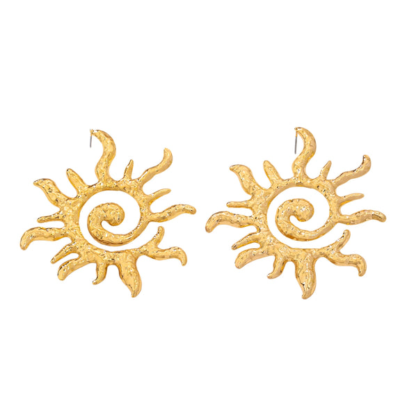 Vintage Hammered Spiral Sun Earrings With Distressed Iron Alloy Finish Electroplated Floral Design And Stainless Steel Posts For Women