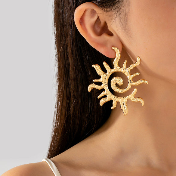 Vintage Hammered Spiral Sun Earrings With Distressed Iron Alloy Finish Electroplated Floral Design And Stainless Steel Posts For Women
