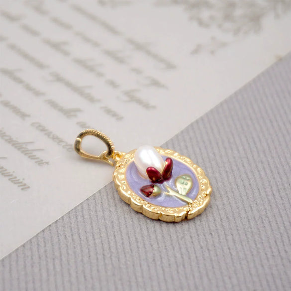 Vintage Handmade Painted Alloy Pendant With Pink Pearl Inlay Geometric Pattern And Copper Chain