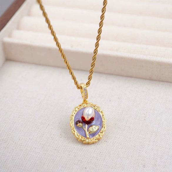 Vintage Handmade Painted Alloy Pendant With Pink Pearl Inlay Geometric Pattern And Copper Chain